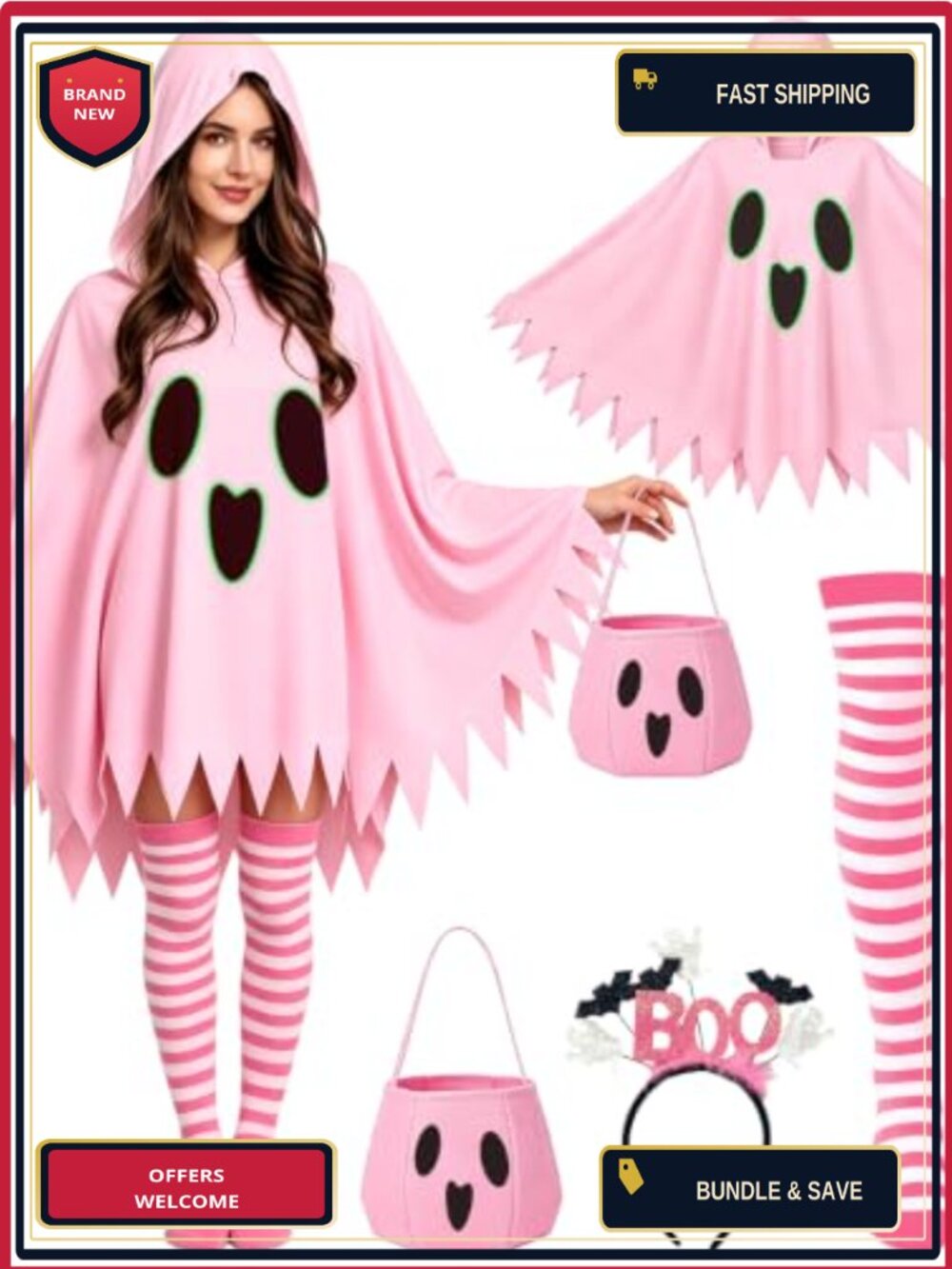 4 PCS Halloween Ghost Costume Set Adult Glow In Dark Poncho Socks